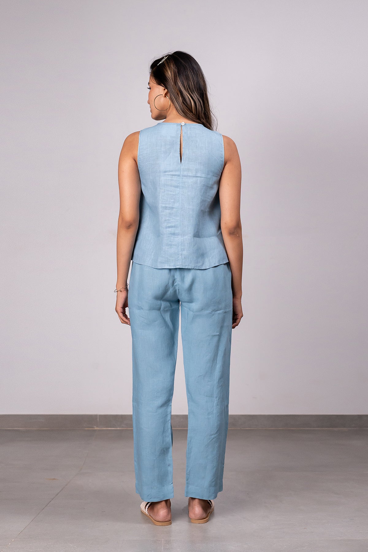Kylie Linen Top- Icy Blue