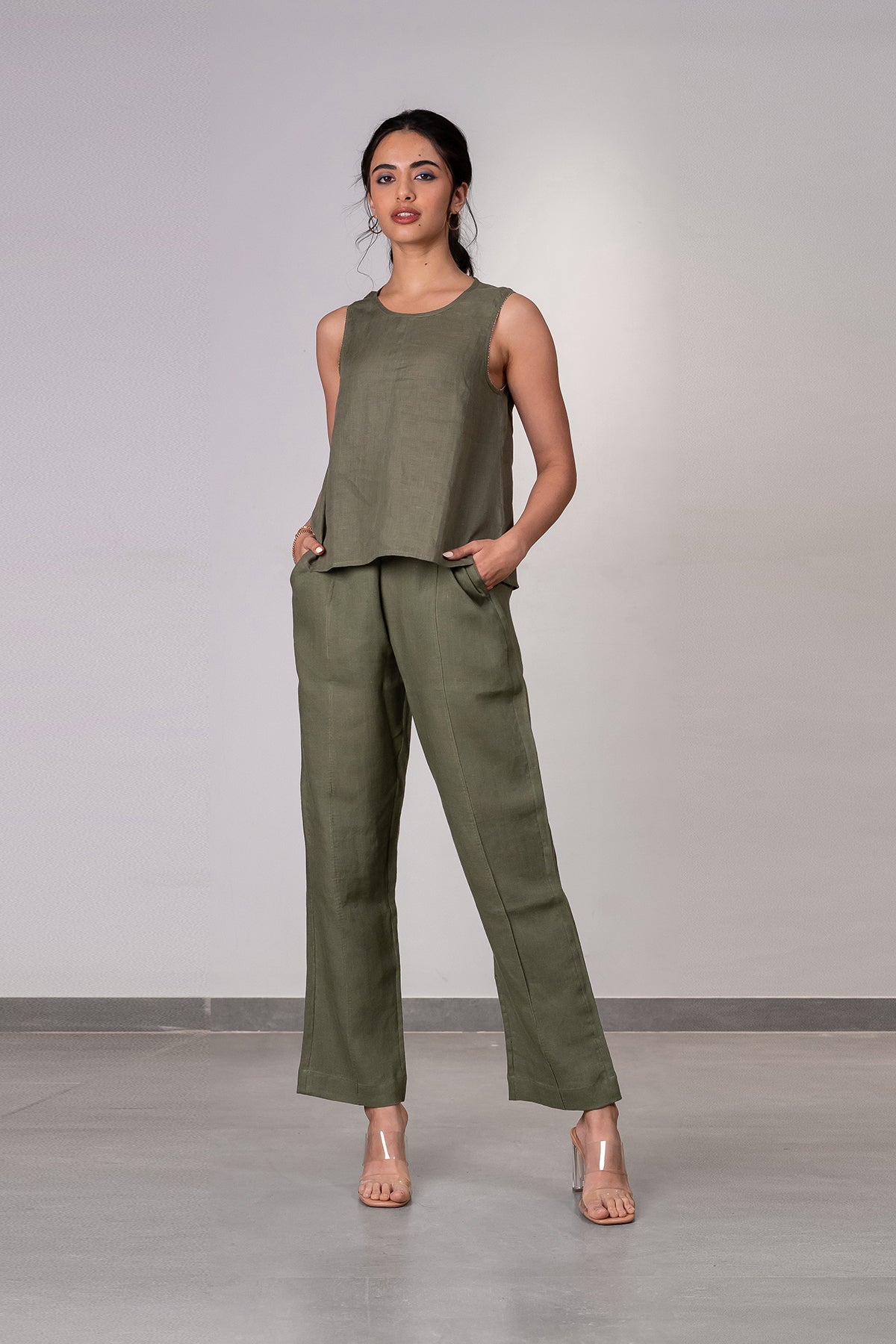 Kylie Linen Top- Olive Green