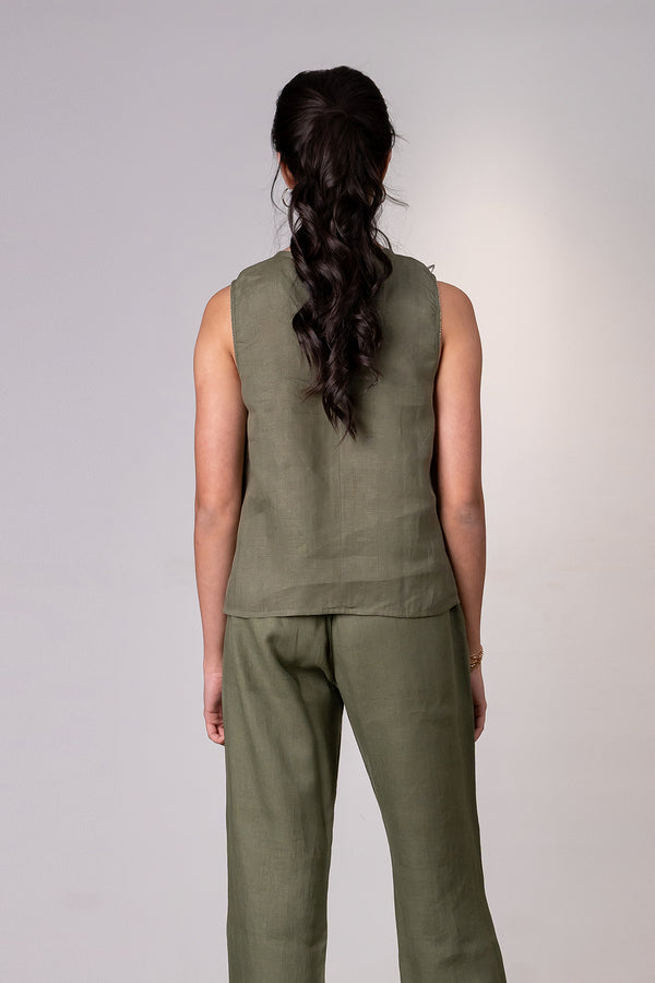 Kylie Linen Top- Olive Green