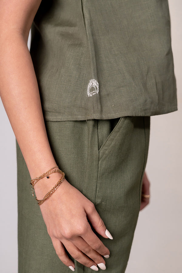 Kylie Linen Top- Olive Green