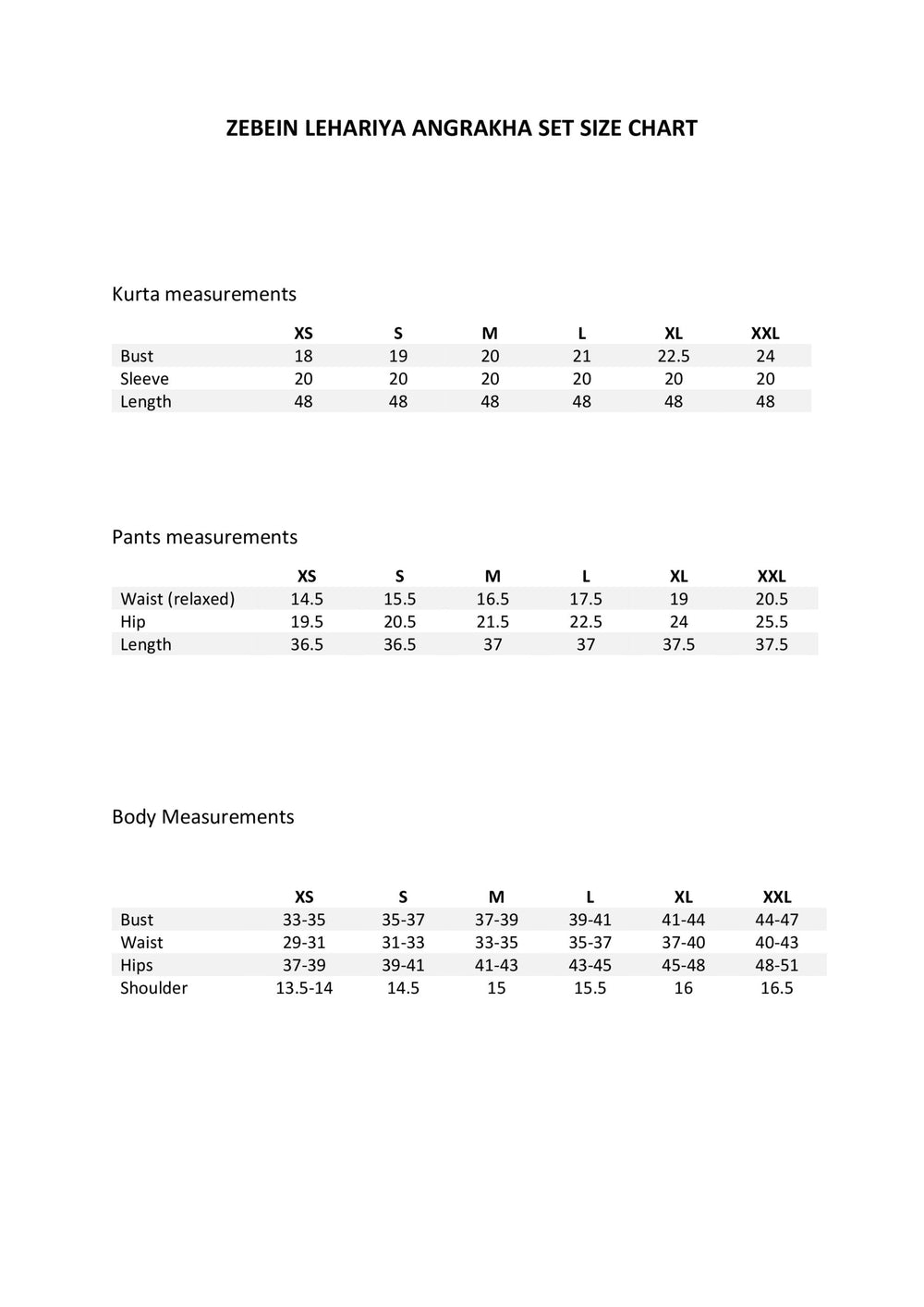 Size Chart 1