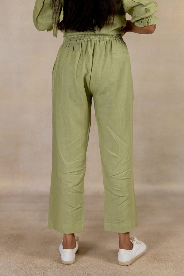Linen Front Zipper Pants - Meadow Green