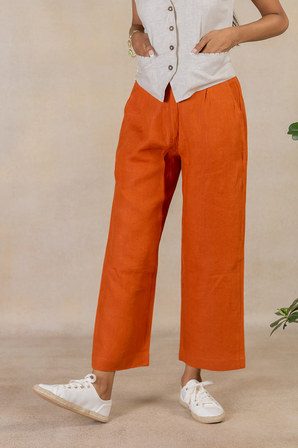 Linen Front Zipper Pants - Tan Rust
