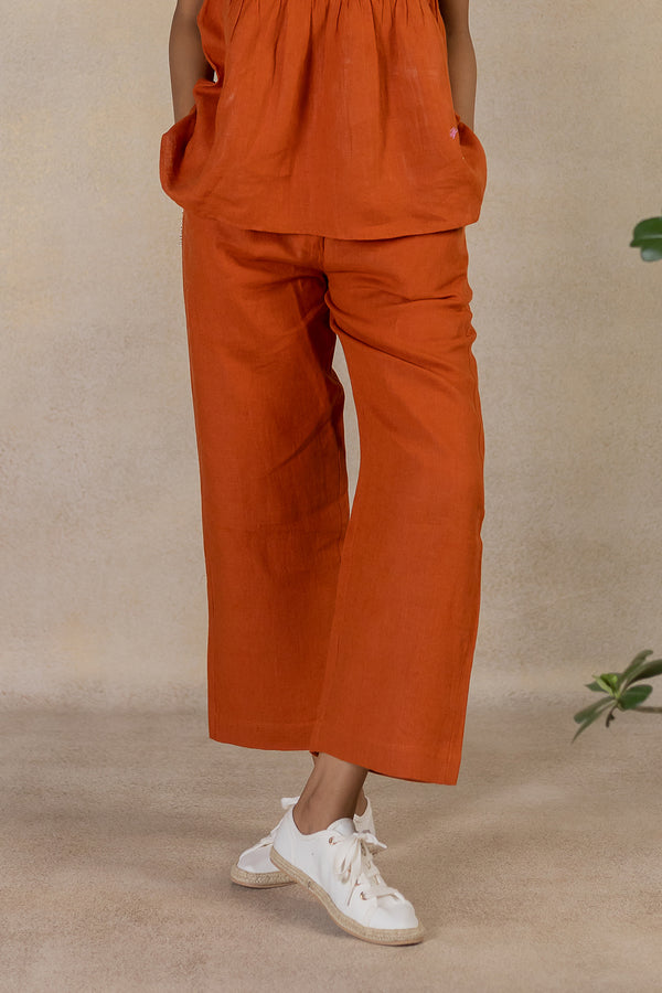 Linen Front Zipper Pants - Tan Rust