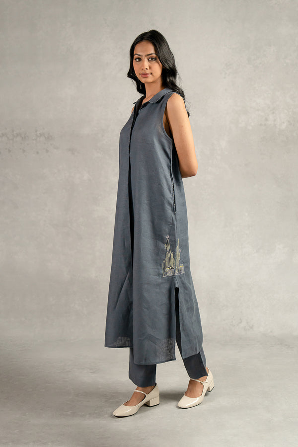 Laura Linen Half Placket Long Dress And Pant Set With Pockets – Charcoal Grey