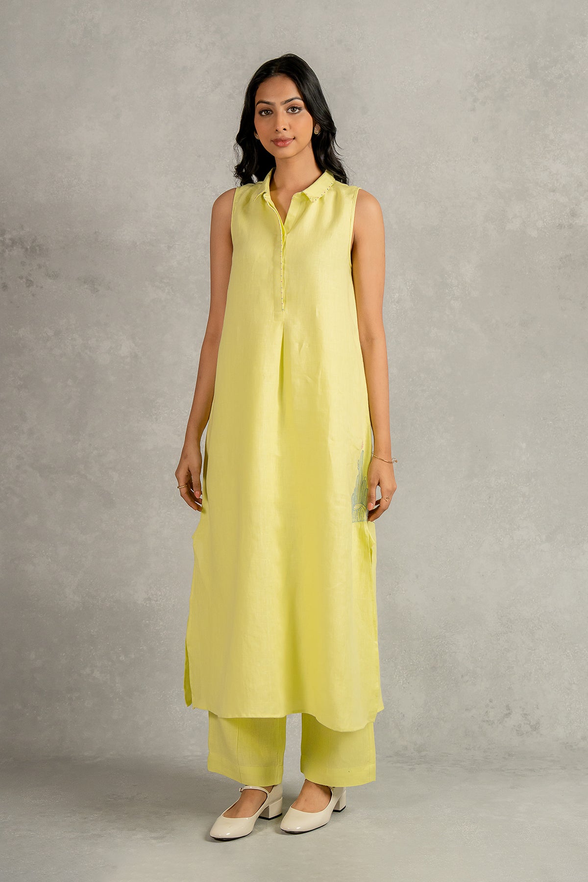 Laura Linen Half Placket Long Dress And Pant Set With Pockets – Lime