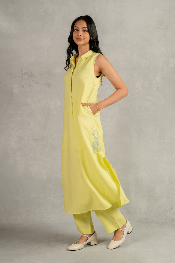 Laura Linen Half Placket Long Dress And Pant Set With Pockets – Lime