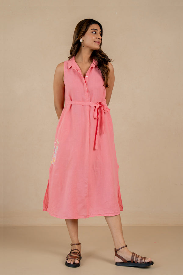 Laura-Linen-Half-Placket-Long-Dress-With-Pockets-Flamingo-Pink-