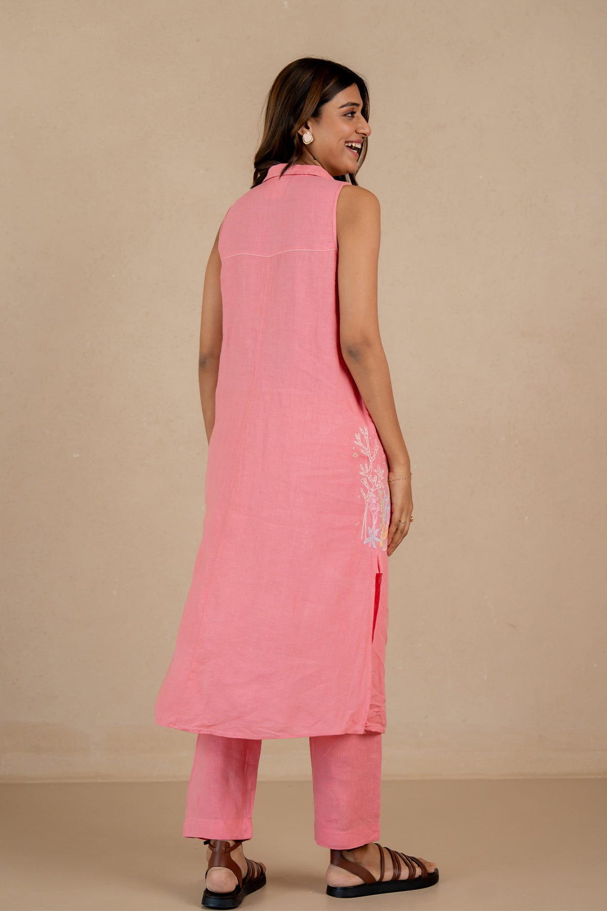 Laura-Linen-Half-Placket-Long-Dress-and-Pant-Set-With-Pockets-Flamingo-Pink-