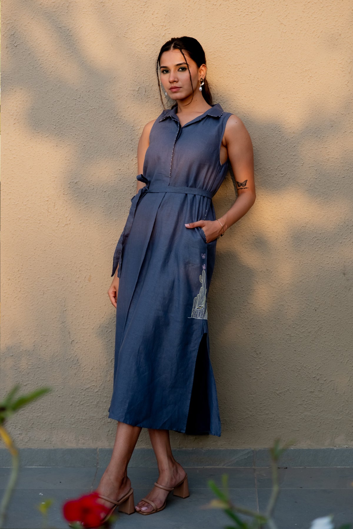 Laura Linen Half Placket Long dress with Pockets - Charcoal grey