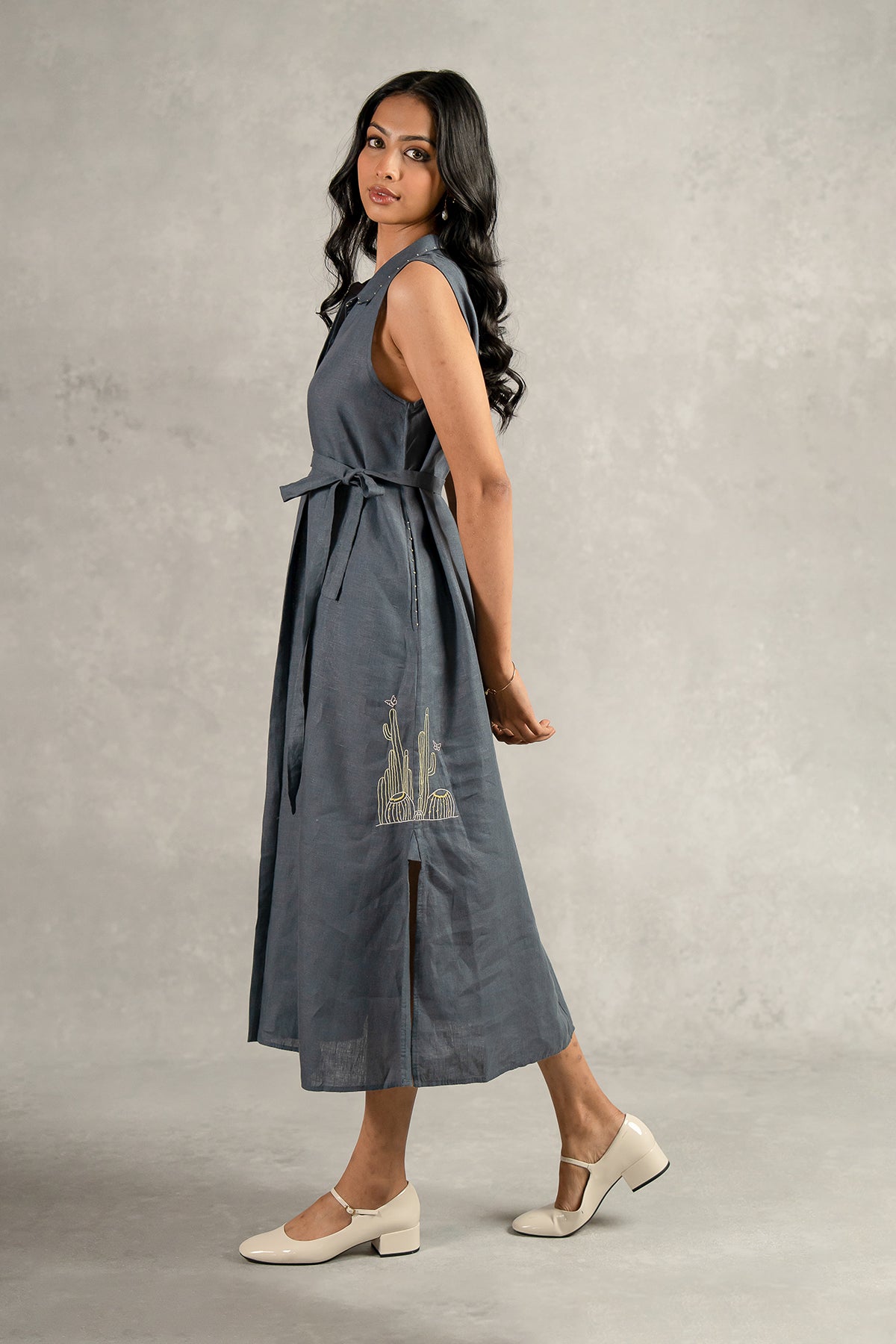 Laura Linen Half Placket Long dress with Pockets - Charcoal grey
