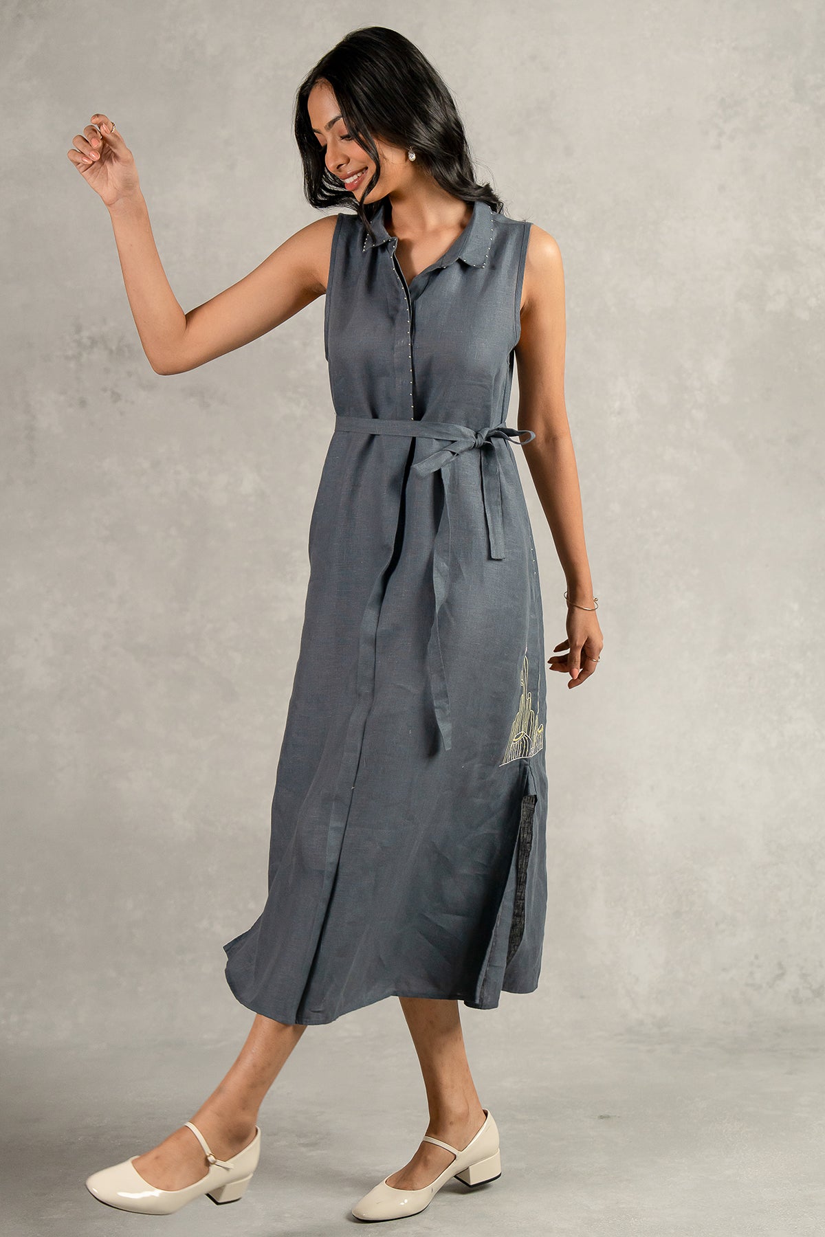 Laura Linen Half Placket Long dress with Pockets - Charcoal grey