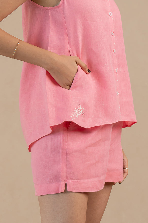 Linen Collar Panel Top- Flamingo Pink