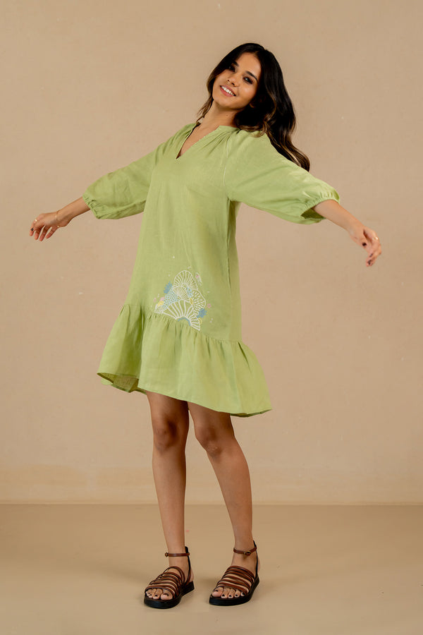 Linen-Coral-Raglan-Short-Dress-Algae-Green-