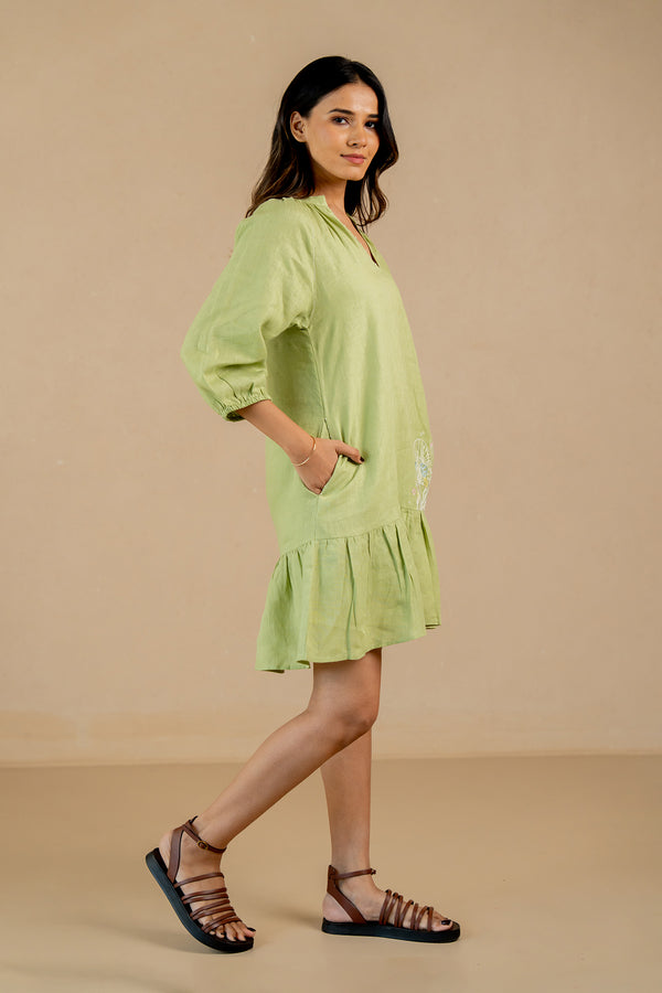 Linen-Coral-Raglan-Short-Dress-Algae-Green-