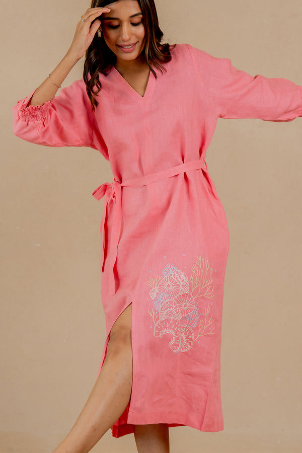 Linen-Front-Slit-Dress-Flamingo-Pink-