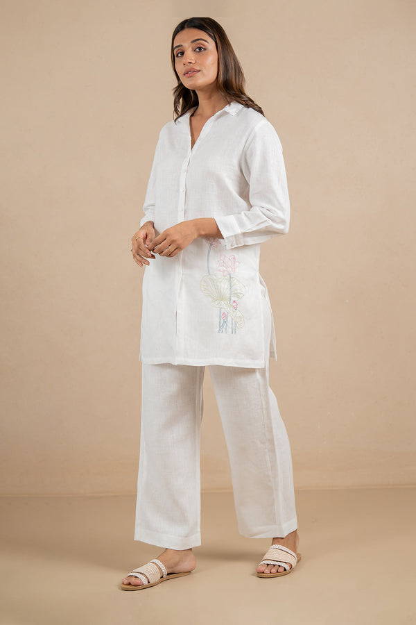 Linen Full Placket Short Kurta & pant Set- Marble White