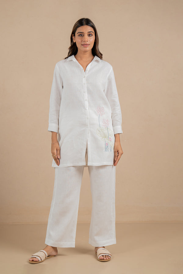 Linen Full Placket Short Kurta & pant Set- Marble White