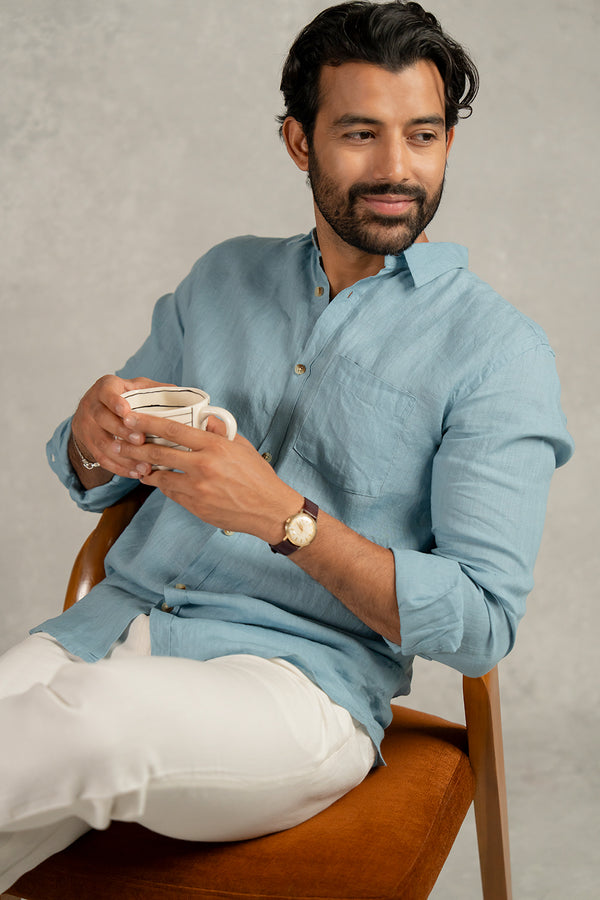 Linen Men Classic Collar Shirt - Icy Blue