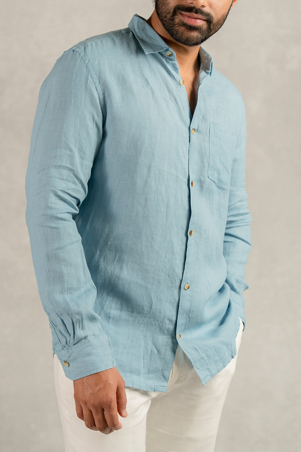 Linen Men Classic Collar Shirt - Icy Blue