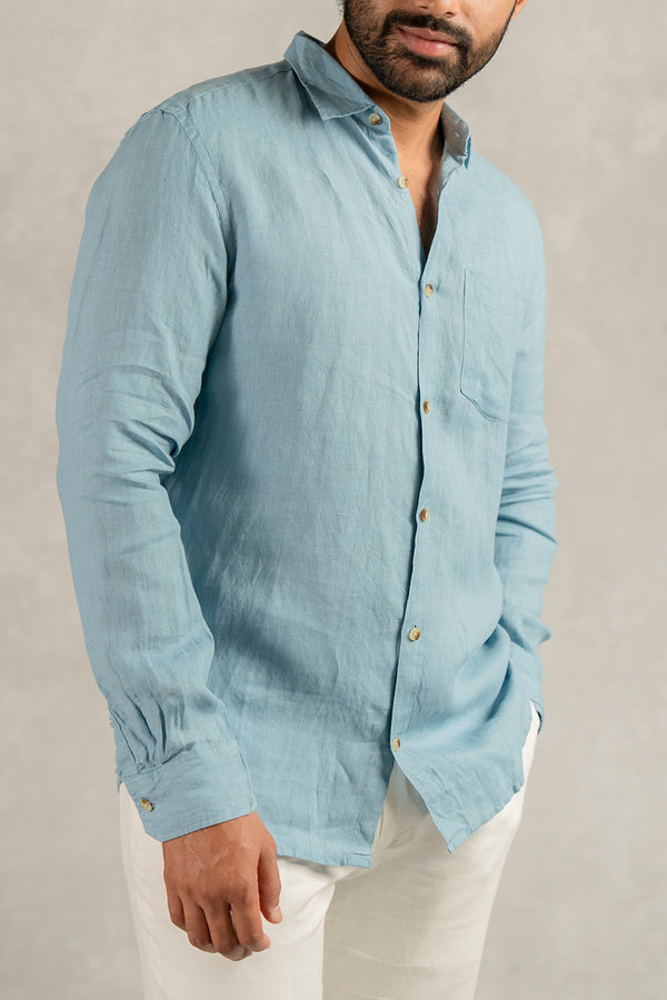 Linen Men Classic Collar Shirt - Icy Blue