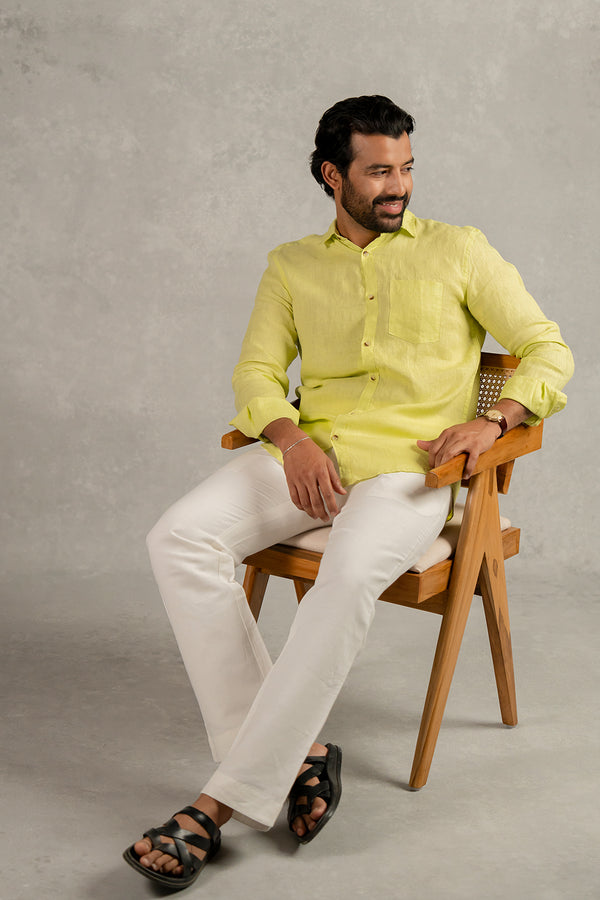 Linen Men Classic Collar Shirt- Lime