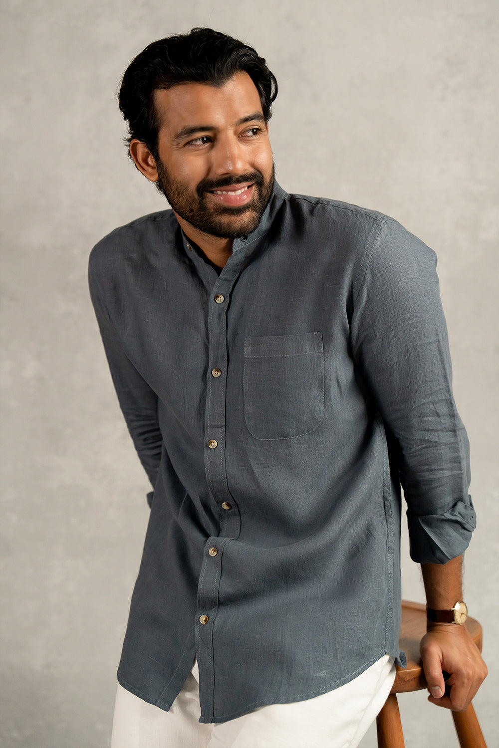 Linen Men Mandarin Collar Shirt - Charcoal Grey