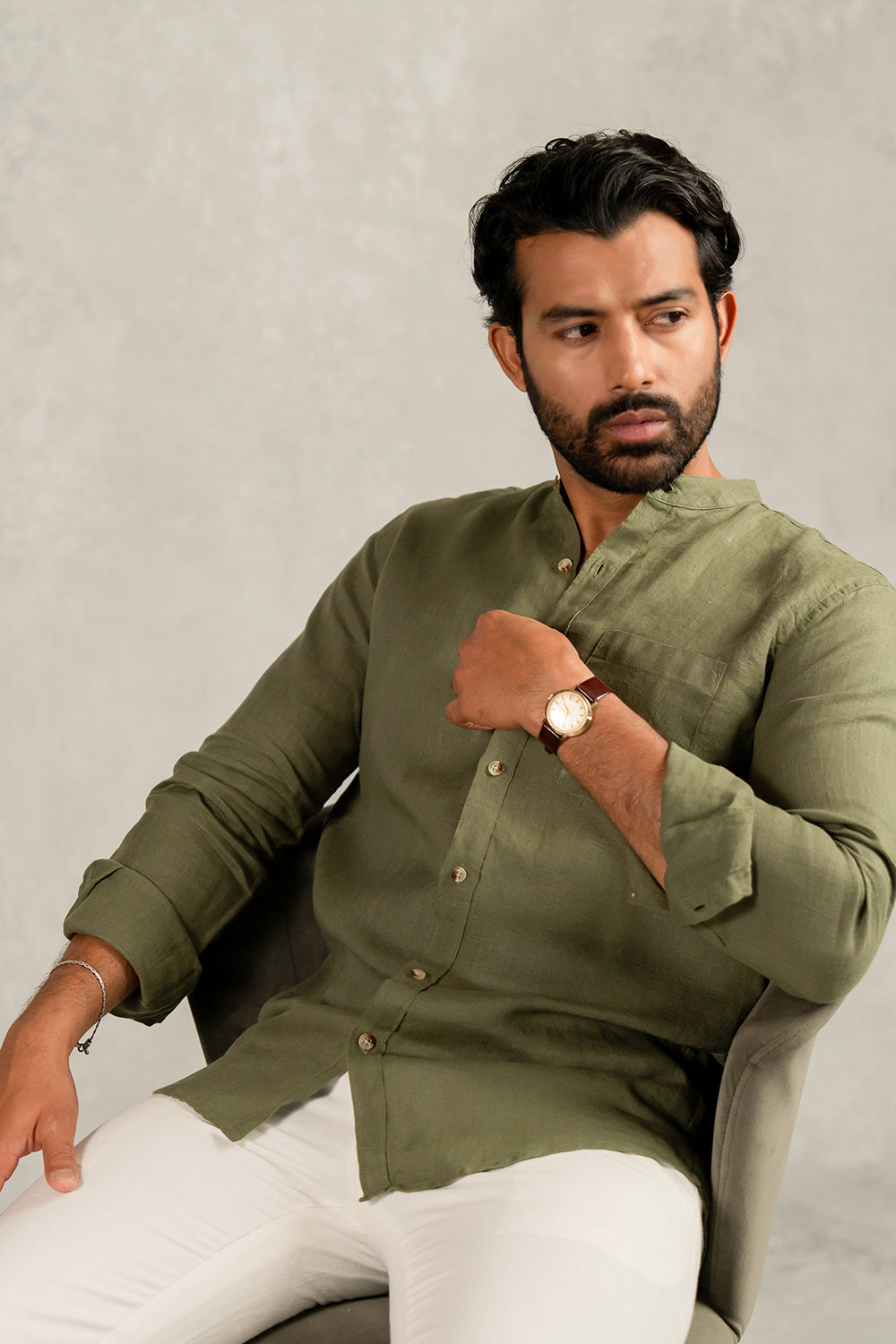 Linen Men Mandarin Collar Shirt - Olive Green