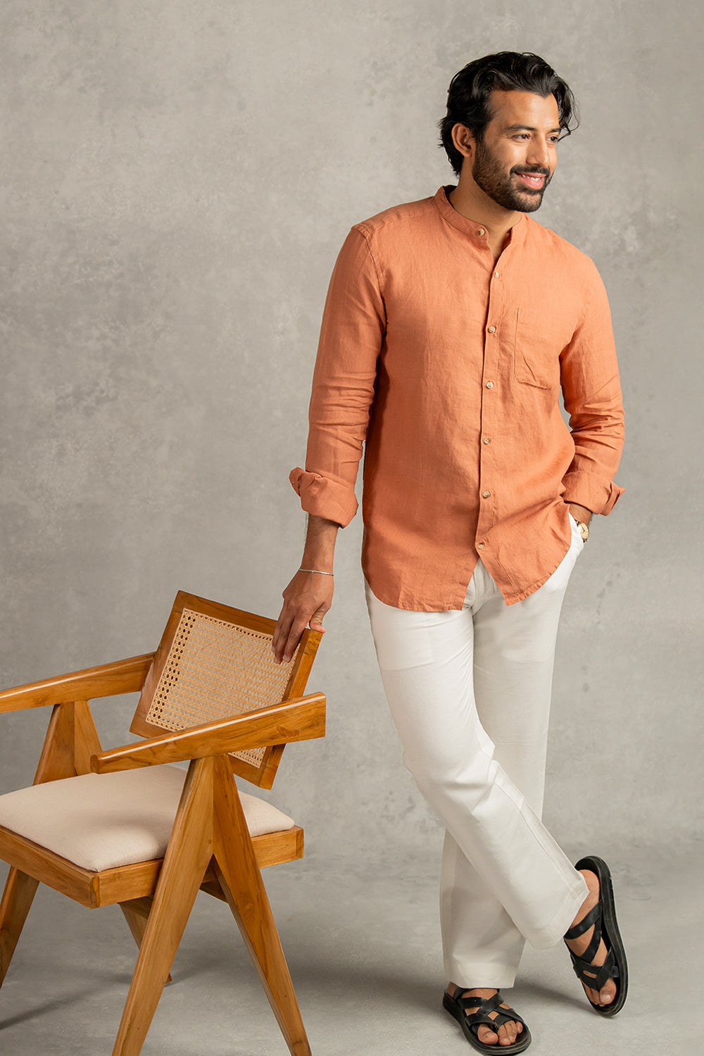 Sand Brown Mandarin Collar Shirt