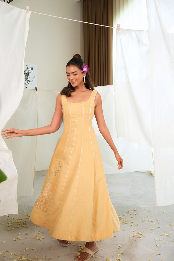 Women’s Daisy Yellow 100% Pure Linen Sleeveless Panel Dress with Relaxed A-Line Summer Fit