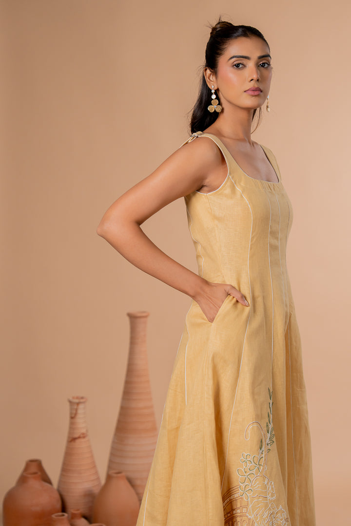 Women’s Daisy Yellow 100% Pure Linen Sleeveless Panel Dress with Relaxed A-Line Summer Fit