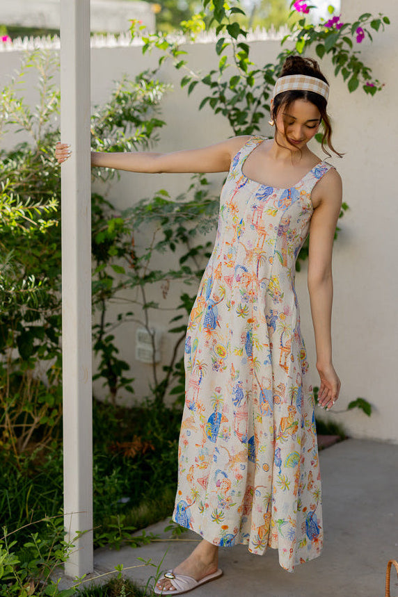 Breathable 100% pure linen printed panel dress for women by Zebein India