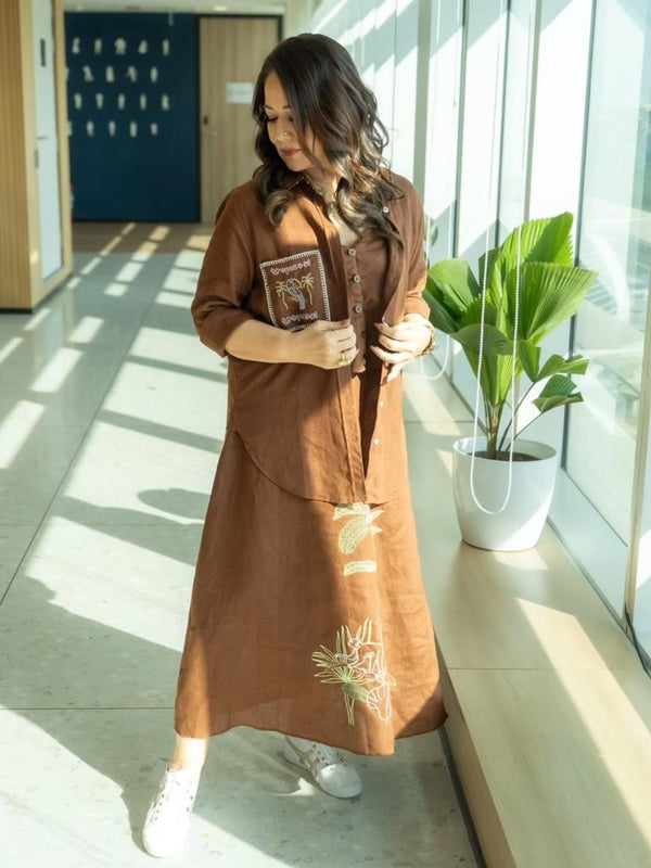 Women’s chocolate brown 100% pure linen full sleeve shirt with bird and tree embroidery on pocket and breathable everyday styling by Zebein.