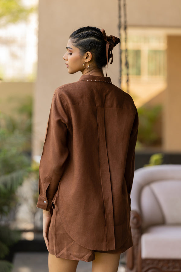 Women’s chocolate brown 100% pure linen full sleeve shirt with bird and tree embroidery on pocket and breathable everyday styling by Zebein.