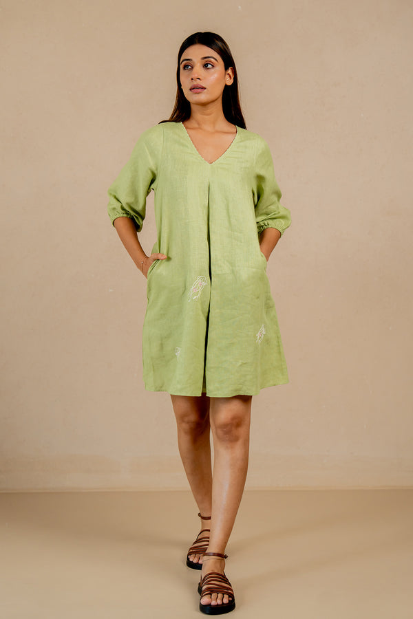 Lucy-Linen-V-Neck-Short-Dress-With-Pockets-Algae-Green-