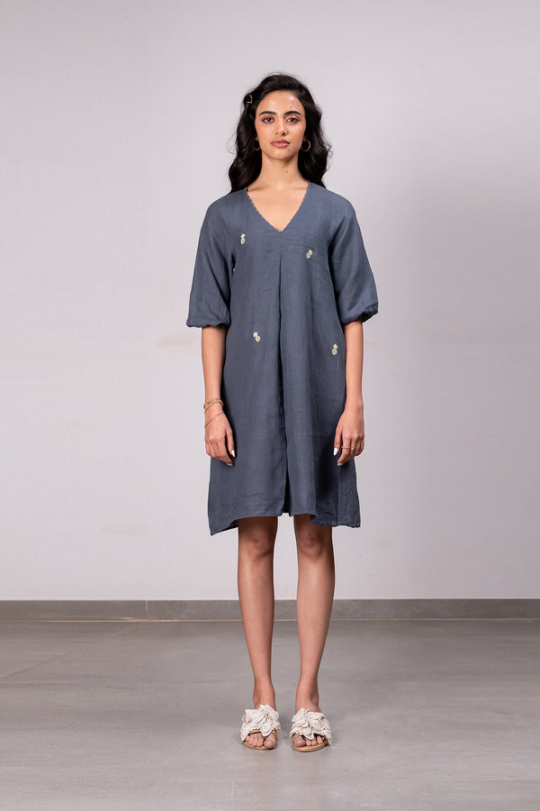 Lucy Linen V- neck Short Dress with pockets - Charcoal Grey