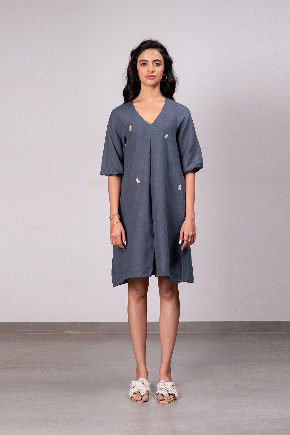 Lucy Linen V- neck Short Dress with pockets - Charcoal Grey