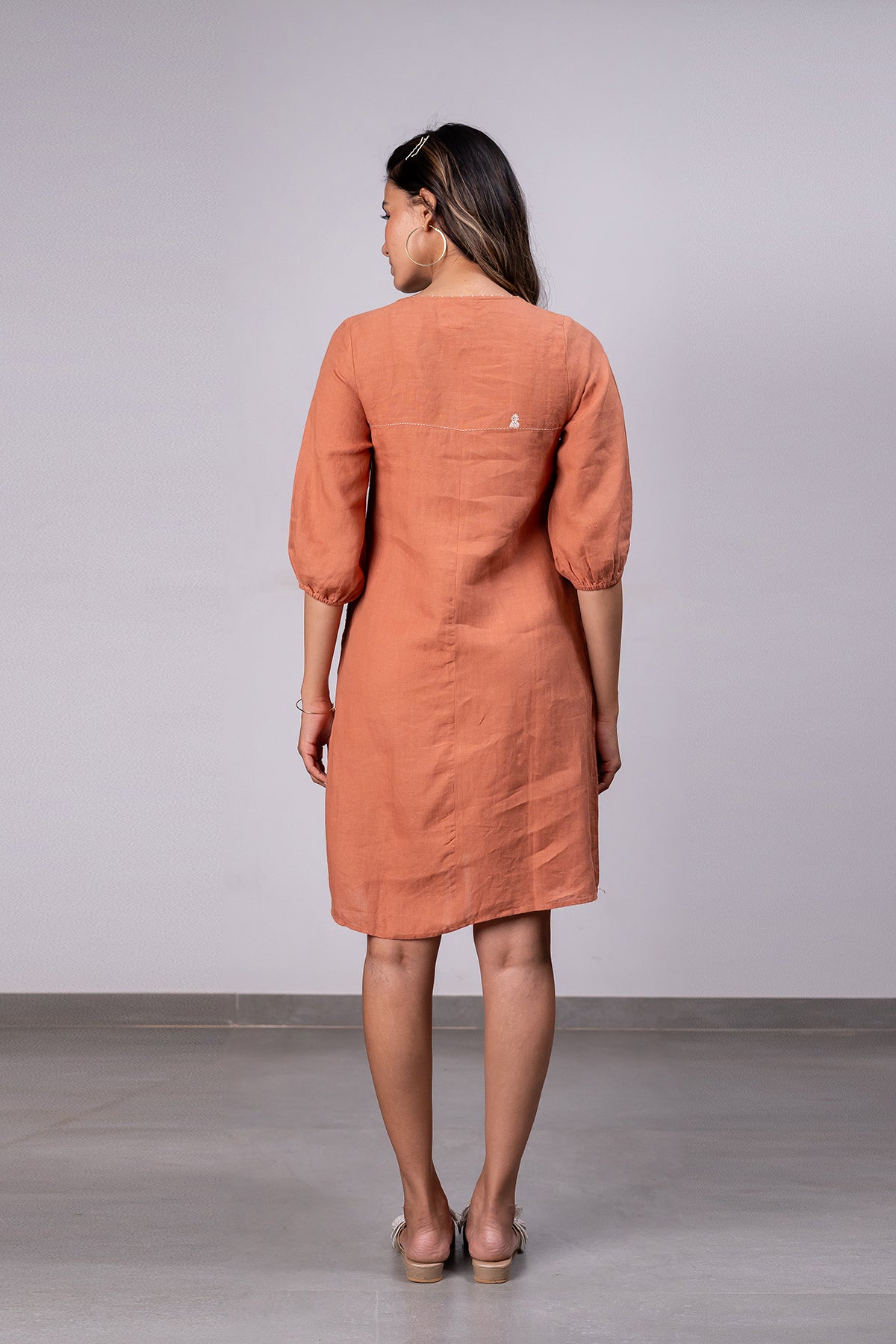 Lucy Linen V- neck Short Dress with pockets - Sand Brown