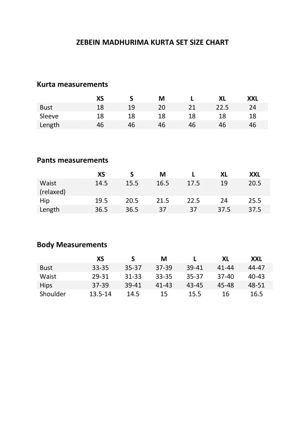 Size Chart 1