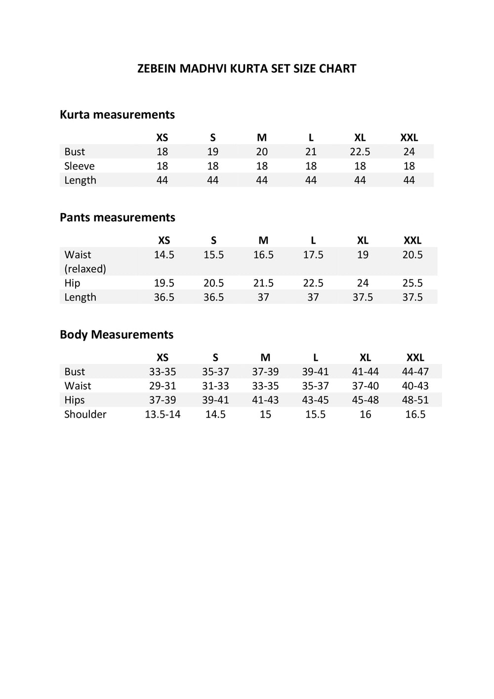 Size Chart 1