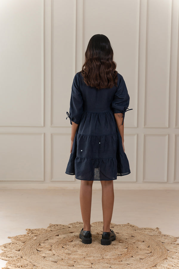 MADONNA LINEN V-NECK DRESS - Blue