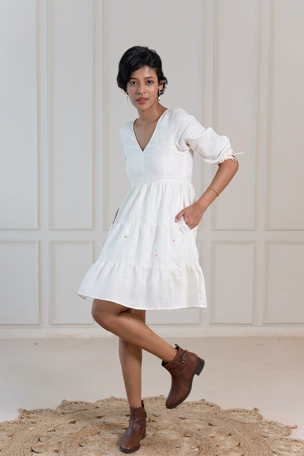 MADONNA LINEN V-NECK DRESS - Off -White