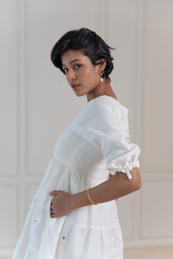 MADONNA LINEN V-NECK DRESS - Off -White