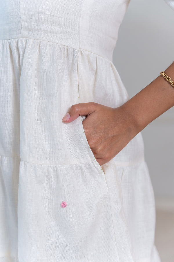 MADONNA LINEN V-NECK DRESS - Off -White