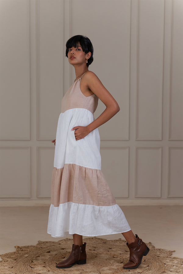 MARLOW LINEN DRESS - Beige and White