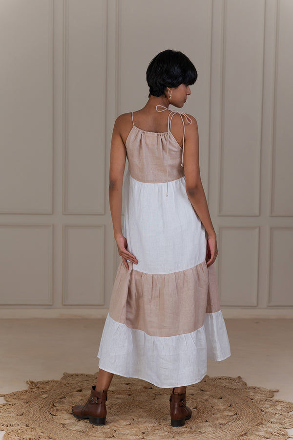 MARLOW LINEN DRESS - Beige and White
