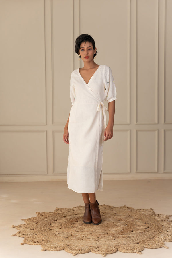 GAIA LINEN WRAP DRESS - Off White