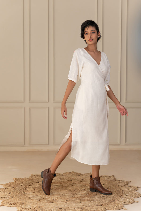 GAIA LINEN WRAP DRESS - Off White