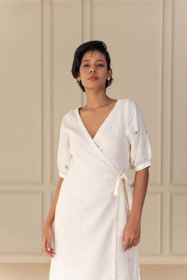GAIA LINEN WRAP DRESS - Off White