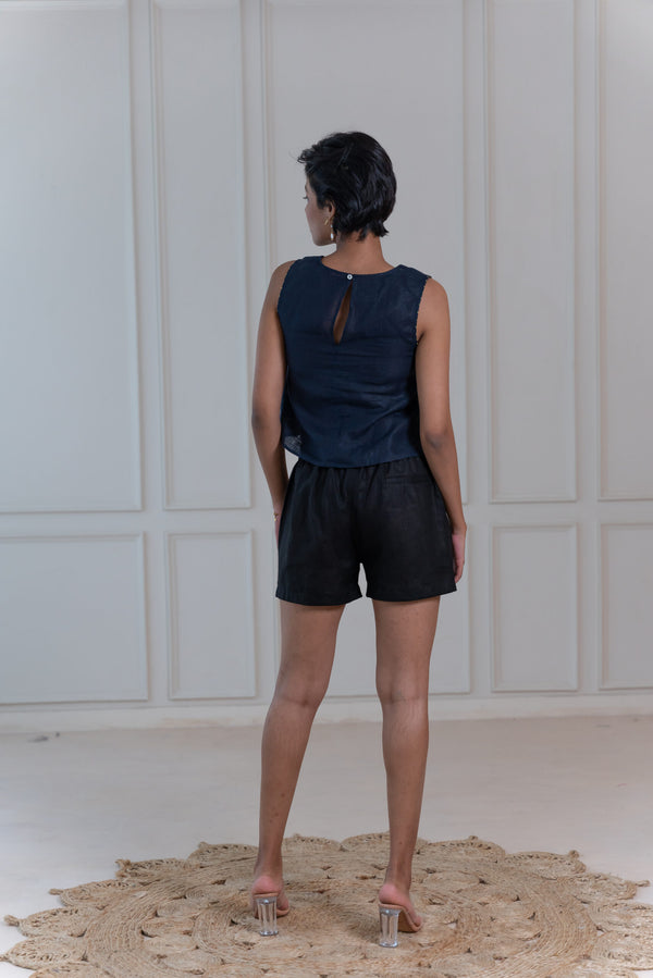 Linen Front Zipper Shorts- Black